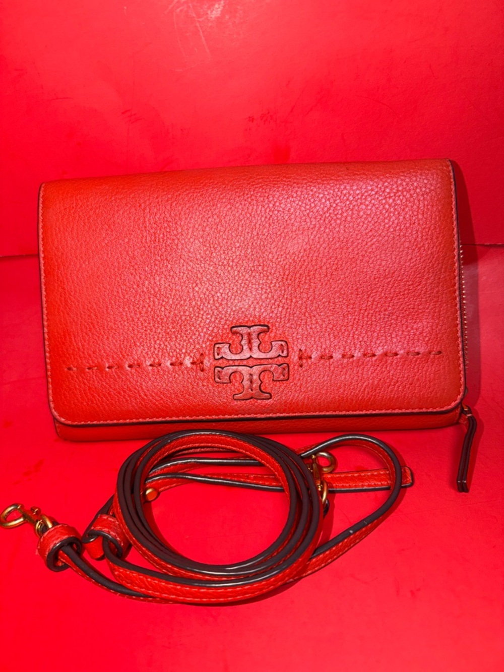 Tory Burch Red Pebbled Leather Crossbody Wallet with Strap